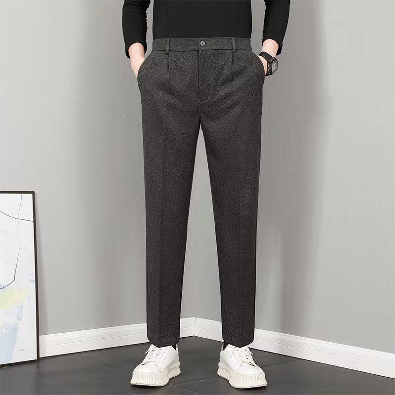 毛呢西裤男秋冬九分垂感锥形裤韩版加厚男士百搭修身直筒休闲裤潮