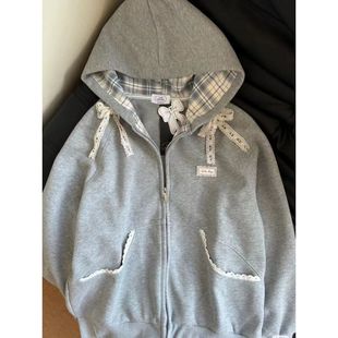 美式复古格子蕾丝连帽卫衣女春秋2026新款oversize芭蕾风开衫外套