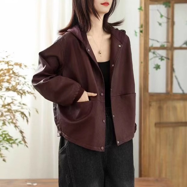 2025年春款皮衣外套女连帽宽松休闲韩版学院风外套上衣慵懒风外套