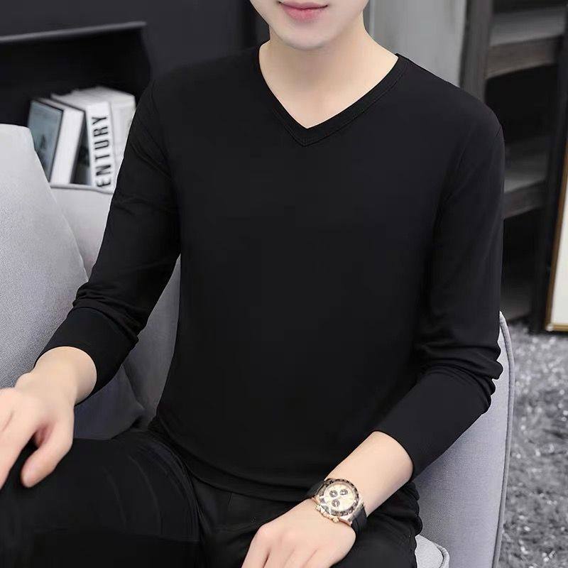 v领长袖T恤男秋季纯色基础款加大码打底衫薄款鸡心领秋衣内搭