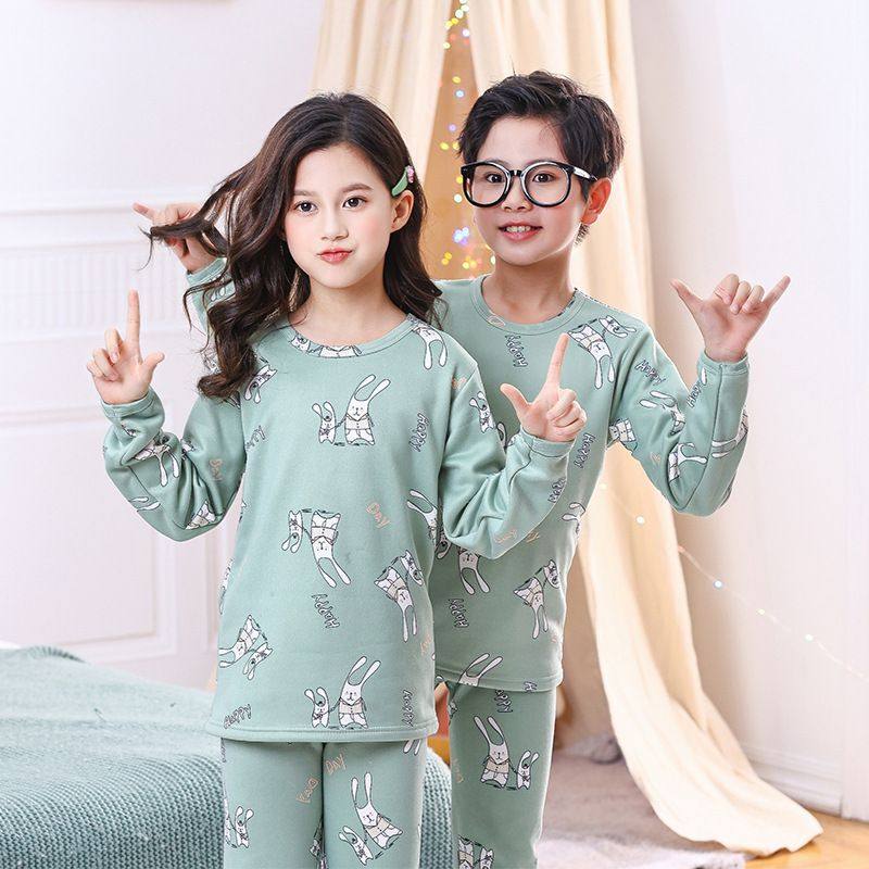 秋冬儿童加绒加厚保暖内衣套装一体绒男女童印花睡衣家居服