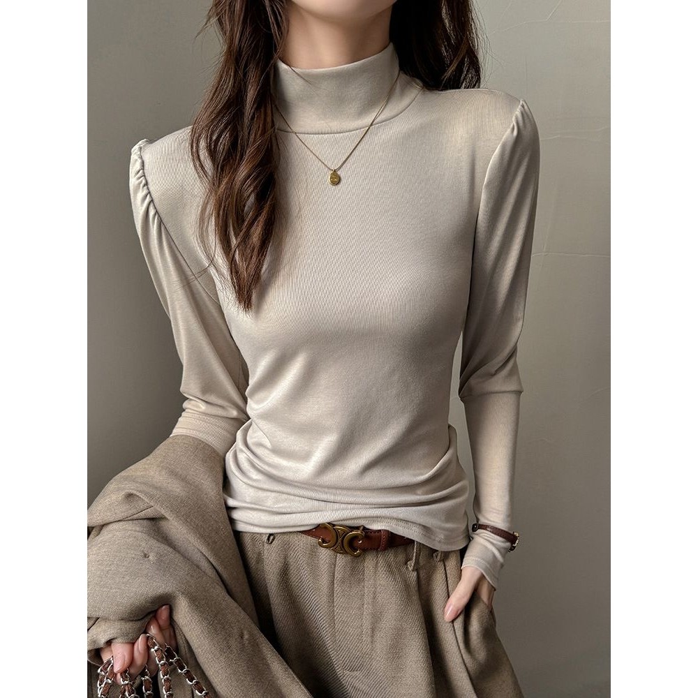 严选半高领天丝内搭打底衫女新款韩版泡泡袖设计感纯色可外穿上衣,女装/女士精品,大码内搭,淘宝优惠券,粉丝福利购,淘宝优惠卷