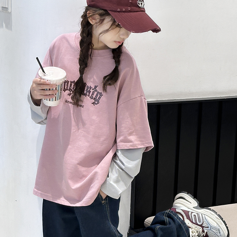 女童长袖t恤春秋2025新款儿童拼色假两件上衣女孩大童韩系打底衫