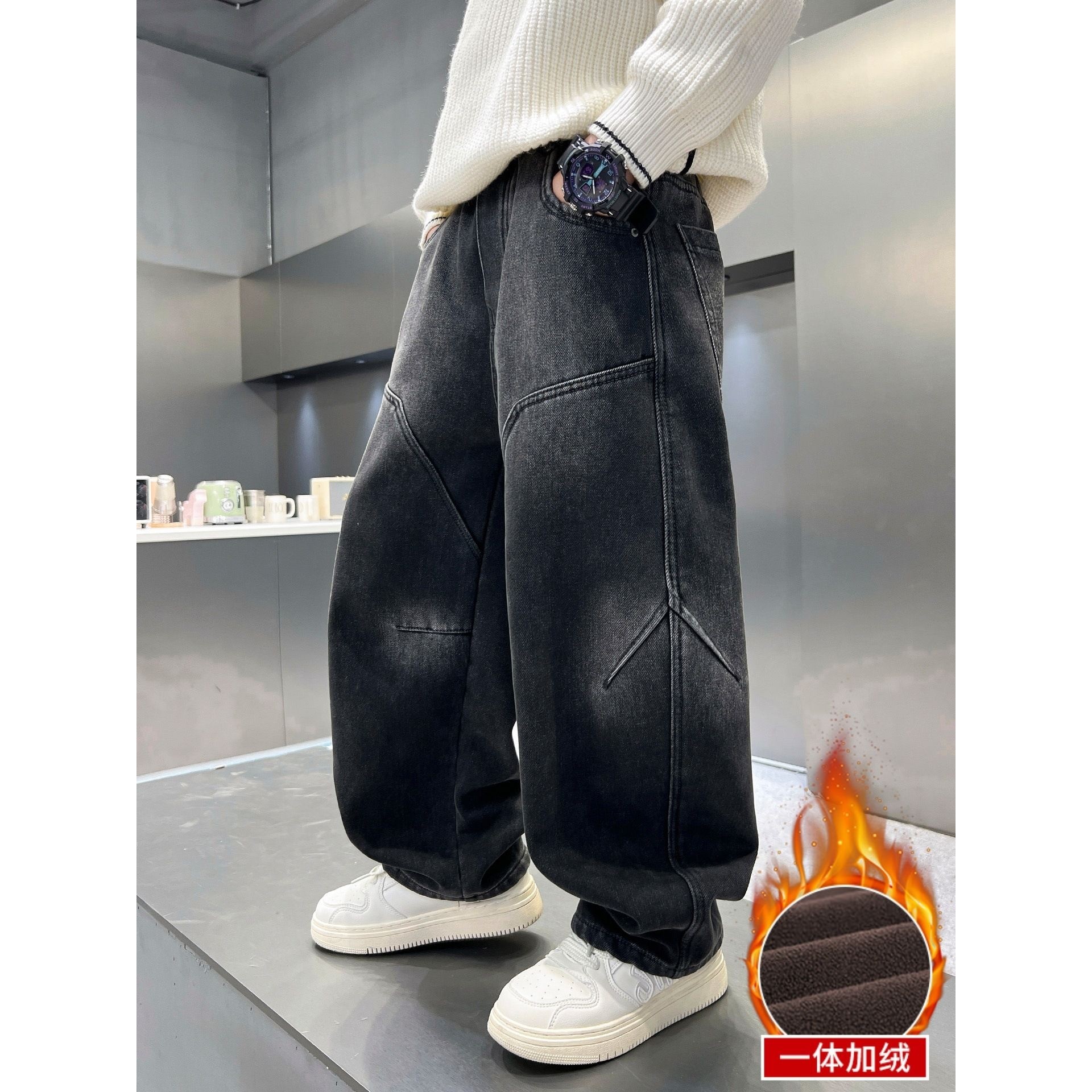 男童加绒裤子秋冬2025新款大童冬季加厚保暖一体绒儿童直筒牛仔裤