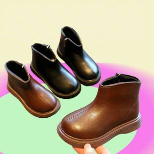 秋冬高帮英伦软底靴子女童小童短靴男童儿童马丁靴黑色单靴