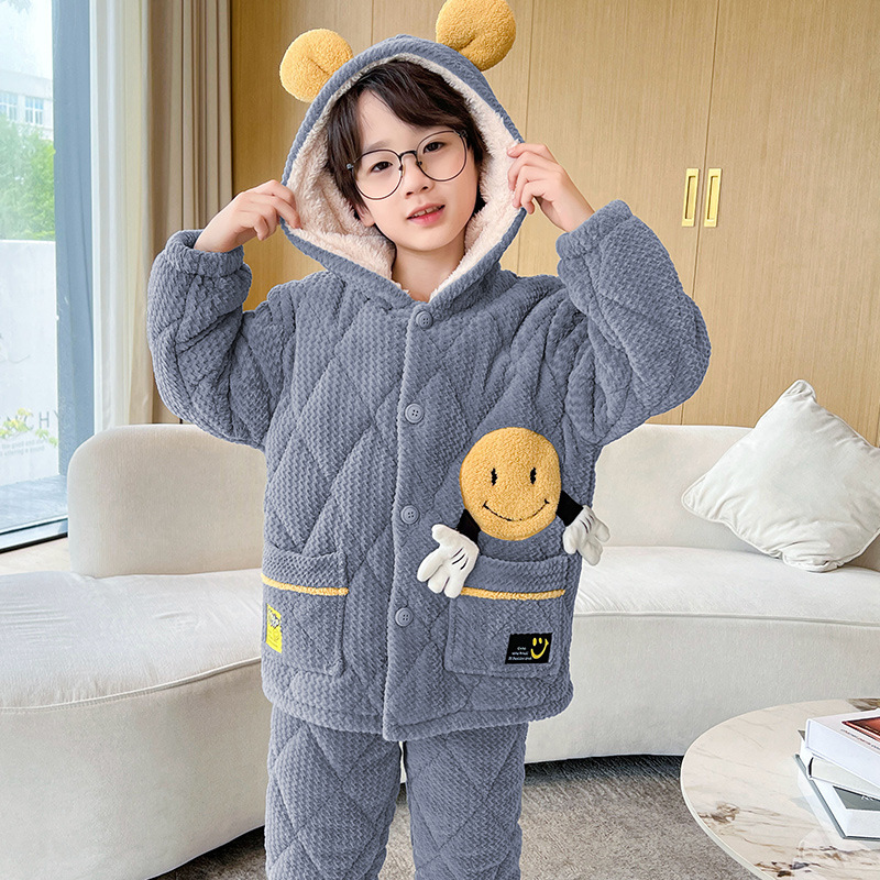 男童睡衣冬季三层夹棉套装中大童男孩开衫连帽儿童家居服加厚保暖