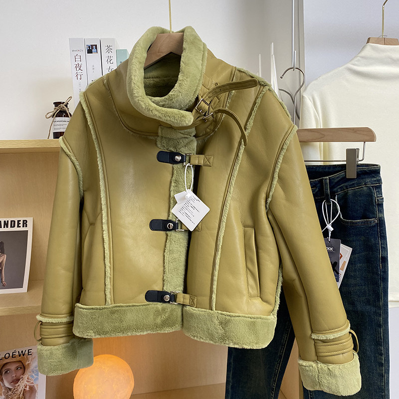 皮毛一体外套2023冬季新款韩版机车服加毛加厚短款夹克长袖外套女