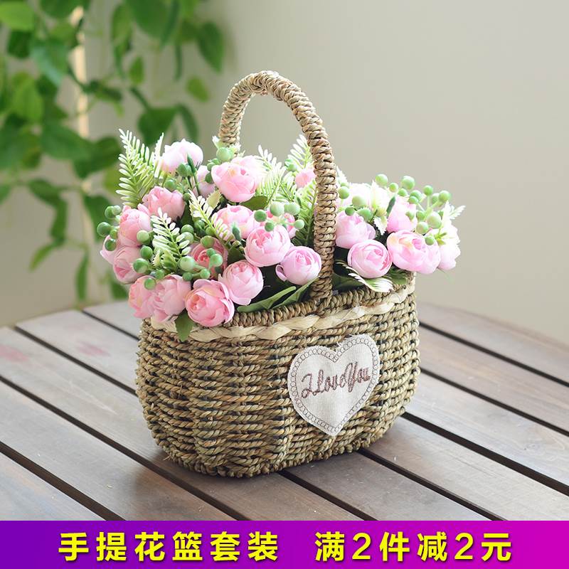 包邮小花篮 藤编花盆装饰 手提花篮摆件插花篮子客厅