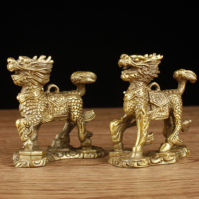 纯铜麒麟摆件踩八卦麒麟一对小号家居客厅玄关装饰品铜麒麟摆件