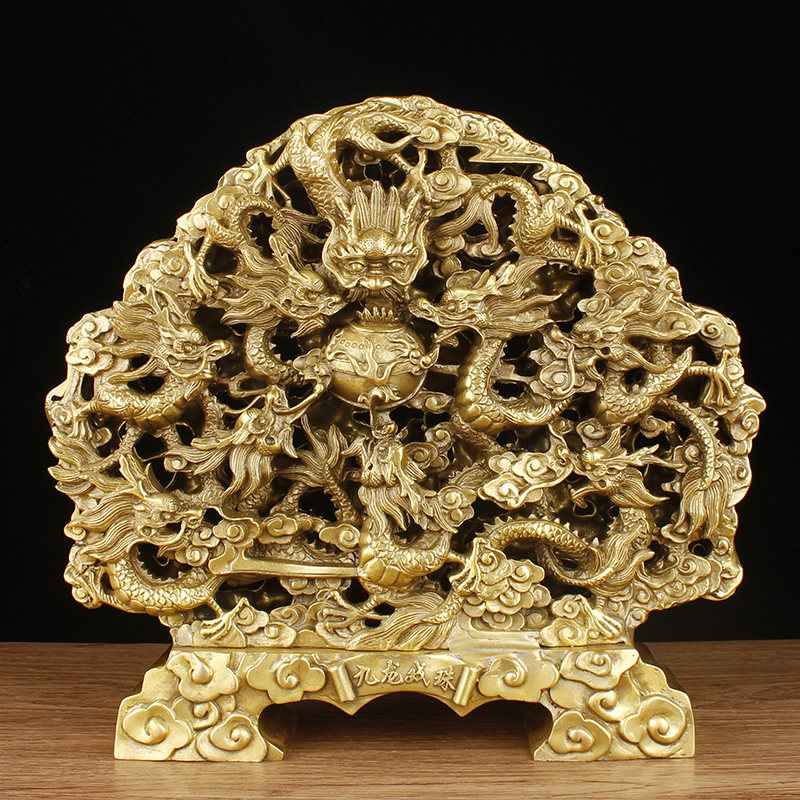 黄铜九龙壁摆件大号双面九龙戏珠家居客厅办公桌装饰工艺礼品摆设
