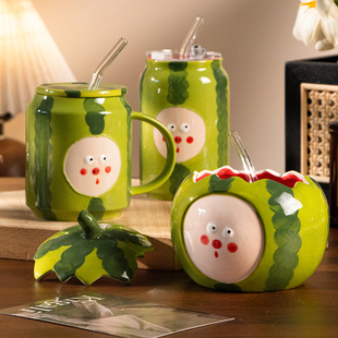 HE马克杯家用景德镇手绘水杯咖啡杯吸管杯子陶瓷萌趣西瓜可爱送礼