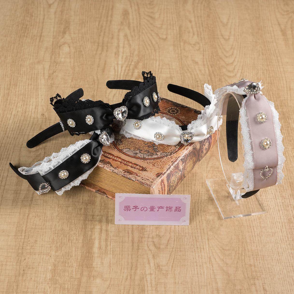 天蕾系量产型手作爱心水钻蝴蝶结蕾丝发箍abs珍珠头箍甜美可爱