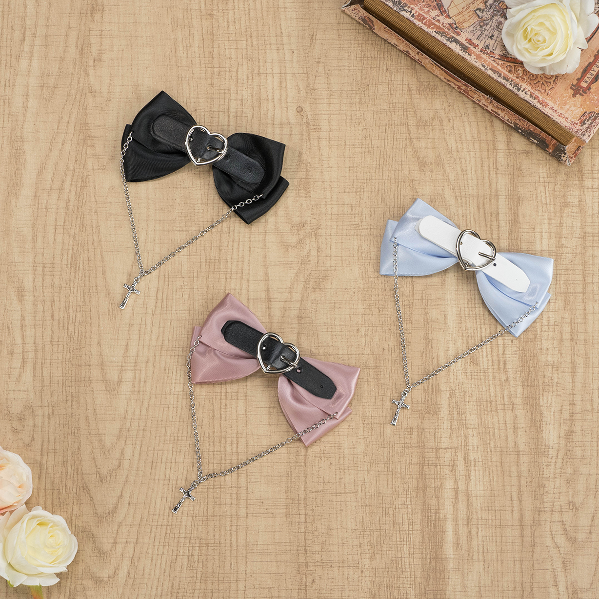 手作蝴蝶结链条十字架发夹量产型