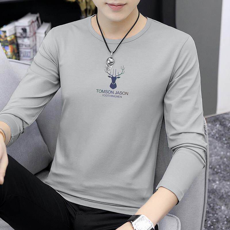 莫代尔棉长袖T恤男潮流圆领修身衣服秋季内搭秋冬打底衫印花秋衣