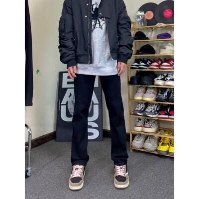 qtstudio美式复古黑色牛仔裤男高街长裤修身直筒加绒裤子男款秋冬