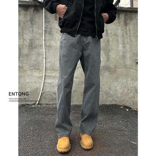 Entong美式潮流cleanfit牛仔裤男生覆古高街宽松休闲解构直筒长裤