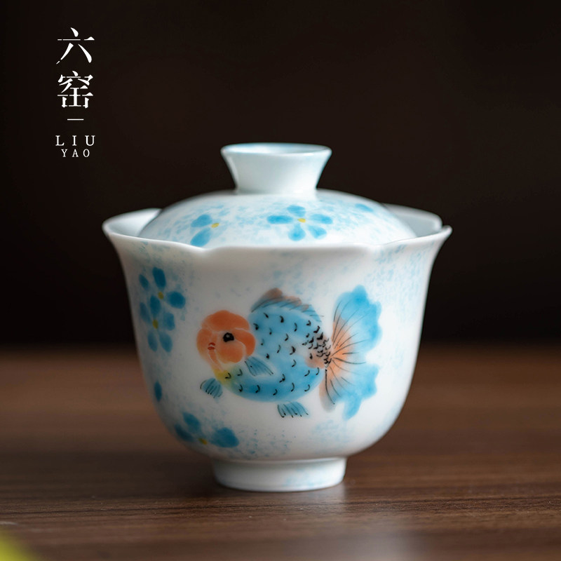 手绘锦鲤功夫茶具盖碗茶杯陶瓷家用泡茶蓝色胖头鱼单个女花口茶碗