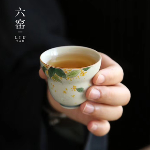 手绘桂花功夫茶杯单杯陶瓷家用中国风复古主人杯品茗杯喝茶小杯子