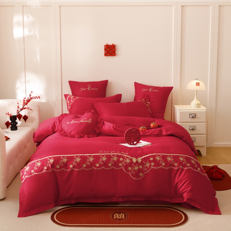 大红色纯棉婚庆刺绣四件套