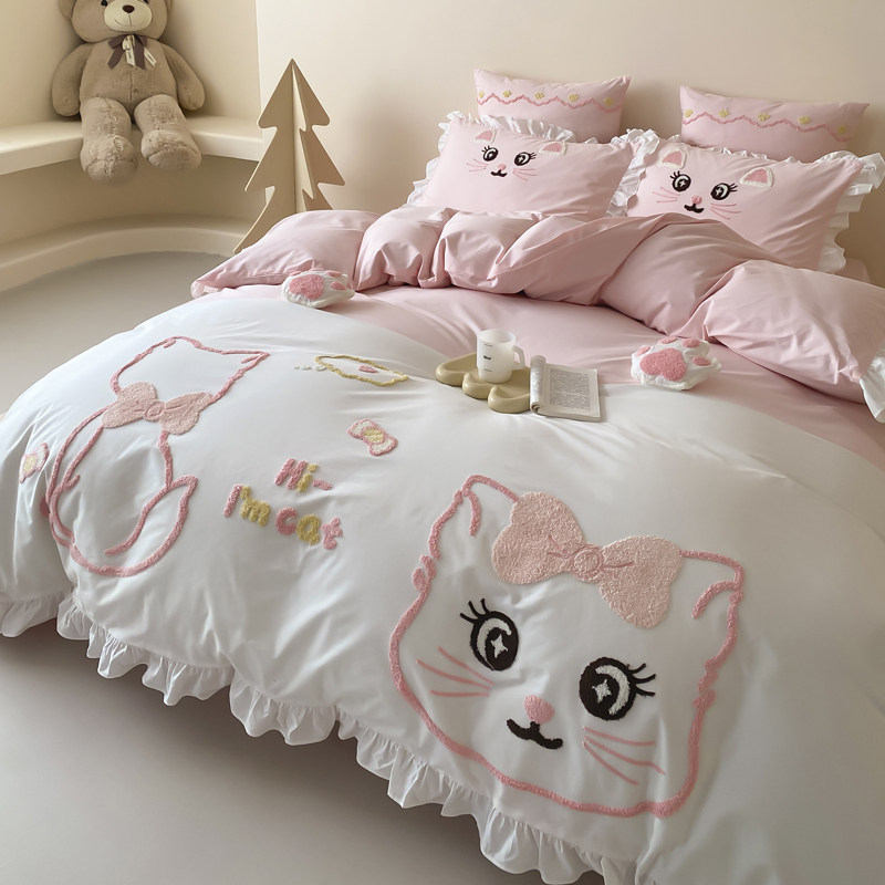 纯棉卡通少女心儿童毛巾绣四件套床单花边女孩可爱被套