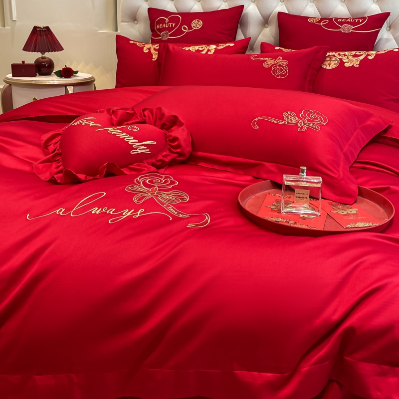 全棉高端中式婚庆刺绣四件套大红色新房铺床结婚纯棉床品