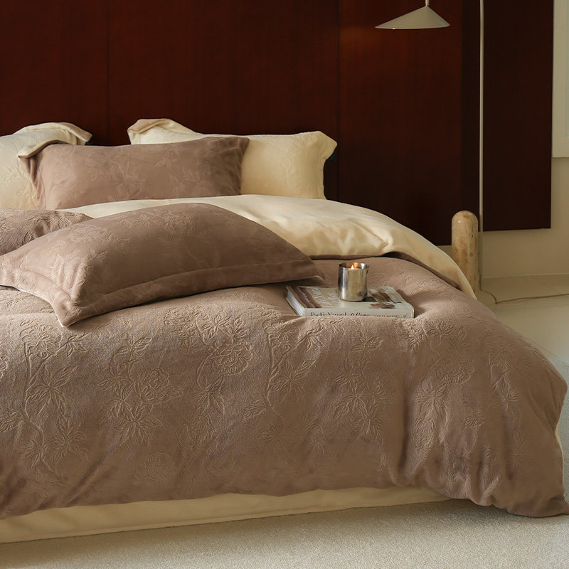 ROLAND LIVEA类秋冬保暖加厚牛奶绒四件套雕花珊瑚绒被套床单床品,床上用品,床品套件/四件套/多件套,淘宝优惠券,粉丝福利购,淘宝优惠卷