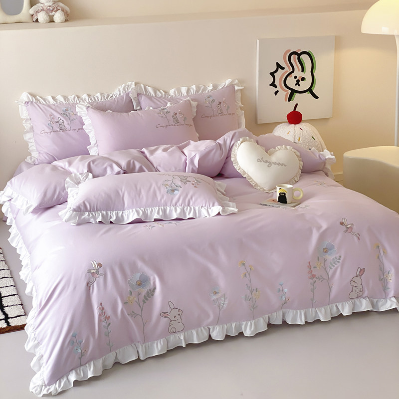 ROLAND LIVE全棉卡通小兔子刺绣四件套纯棉斜纹公主风被套床单