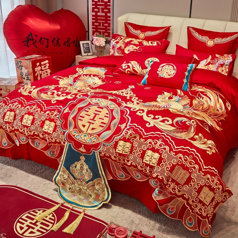 红色全棉婚庆刺绣四件套结婚铺床喜庆多件套新婚床上用品
