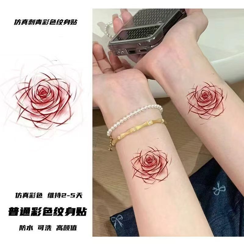 高级感玫瑰英文锁骨小图案学生款一次性可洗彩色纹身贴女防水持久