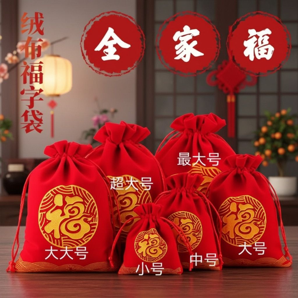 福字绒布束口香囊空袋文玩手串收纳袋百福压岁红包喜糖礼品袋福袋