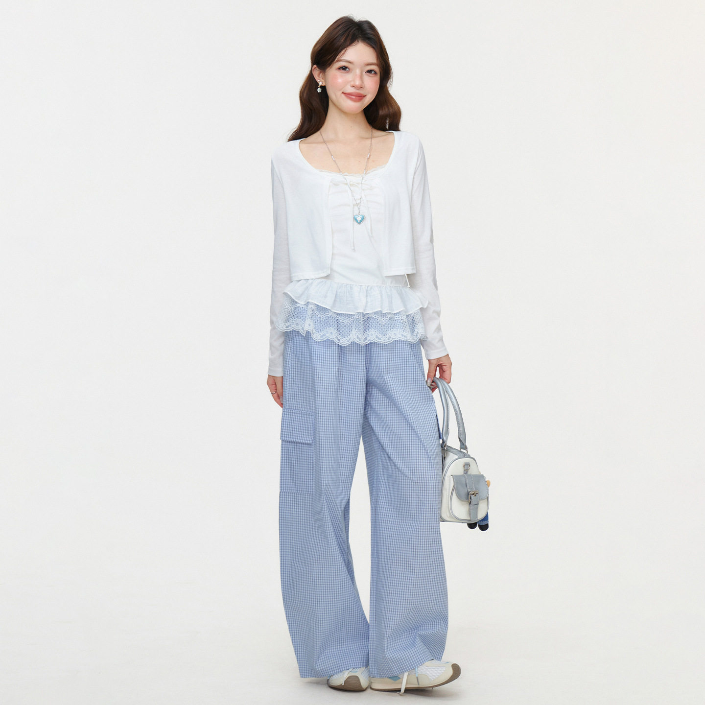 纯欲风蕾丝荷叶边下摆吊带背心女叠穿开衫长袖外穿早春两件套上衣