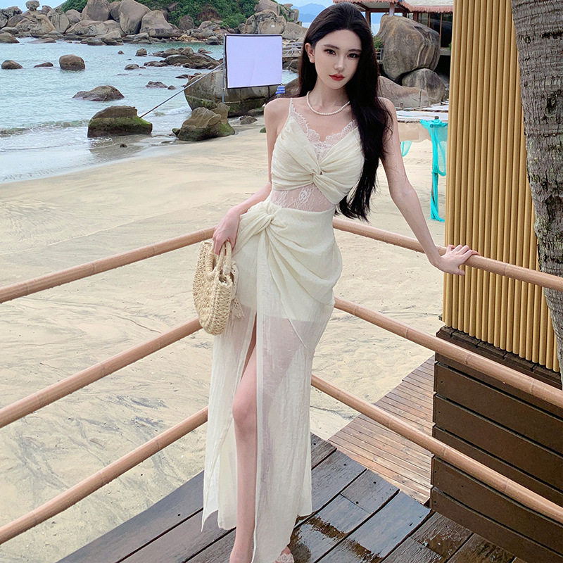 法式复古蕾丝连衣裙度假夏抹胸镂空气质吊带裙party晚宴礼服裙子