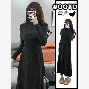 2025新灰色高领针织毛衣连衣裙妇女秋冬小2025套装 长裙