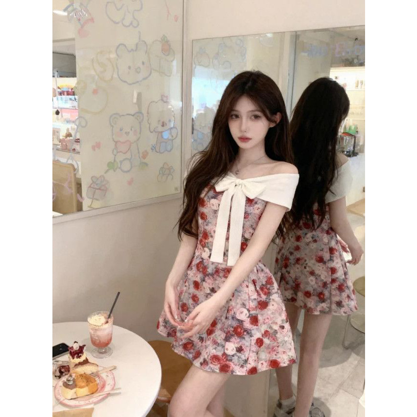法式复古油画玫瑰一字肩连衣裙夏连衣裙