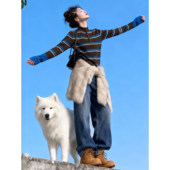 撞色条纹半高领针织上衣女秋冬纽扣设计感时髦长袖 内搭可外穿毛衣