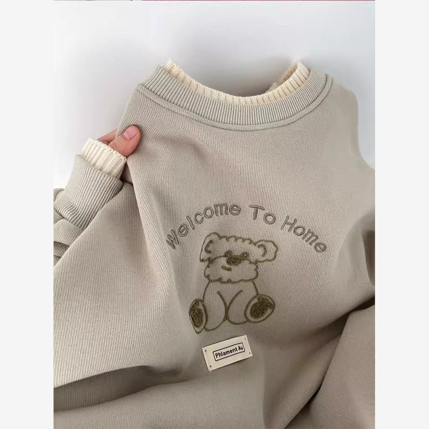 2025春秋新款爆款小个子加绒加厚冬季刺绣假两件圆领无帽卫衣女款