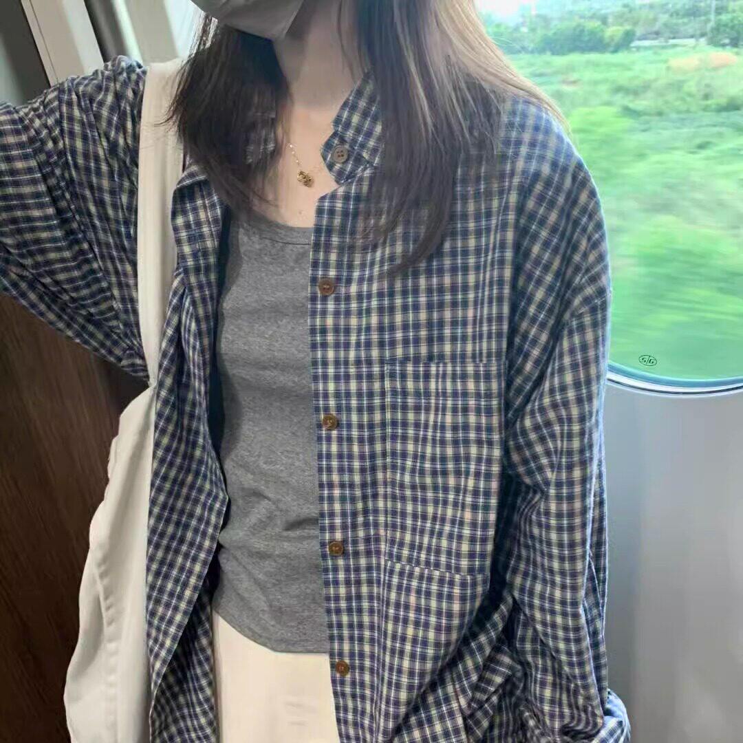 韩版蓝色格子长袖衬衫女春季2025新款慵懒风衬衫外套宽松显瘦上衣