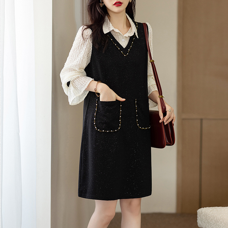 洋装子女士装春秋冬2025年新款假两件大尺码小个子气质洋派中长版