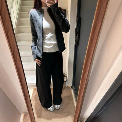 美式复古双拉链针织开衫女秋冬穿搭圆领毛衣外套显瘦灰色上衣女