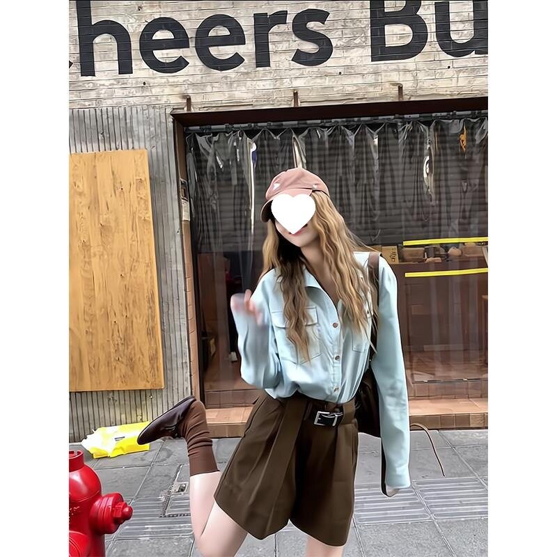 套装女2025夏季新款韩系慵懒风薄款防晒长袖衬衫高腰宽松阔腿短裤