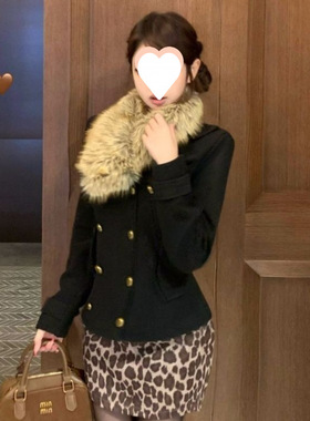 古早感vintage穿搭黑色西装毛呢外套秋冬新款高腰豹纹半身裙套装
