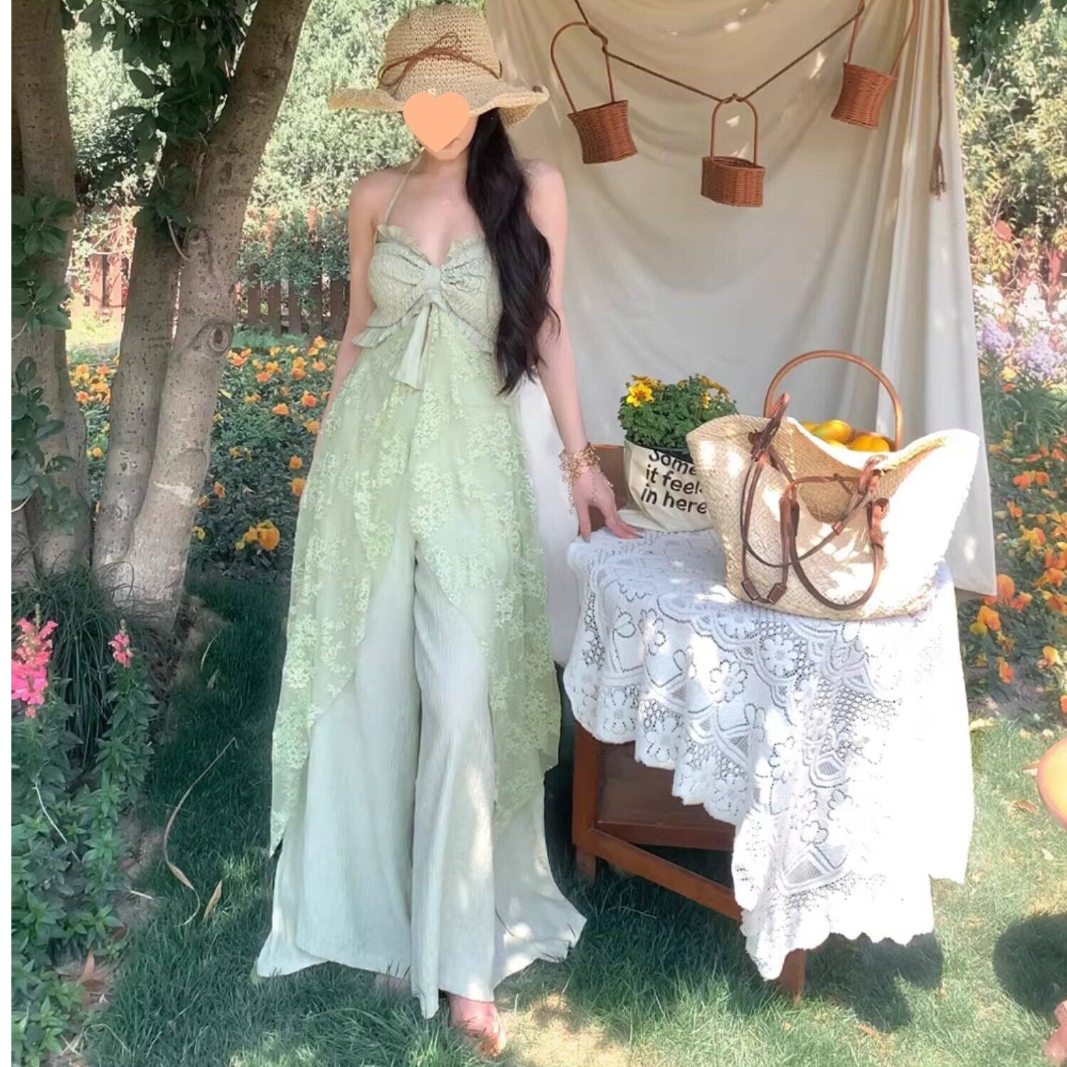 海边度假风套装假两件蕾丝吊带背心连衣裙女夏季高腰半身裙两件套