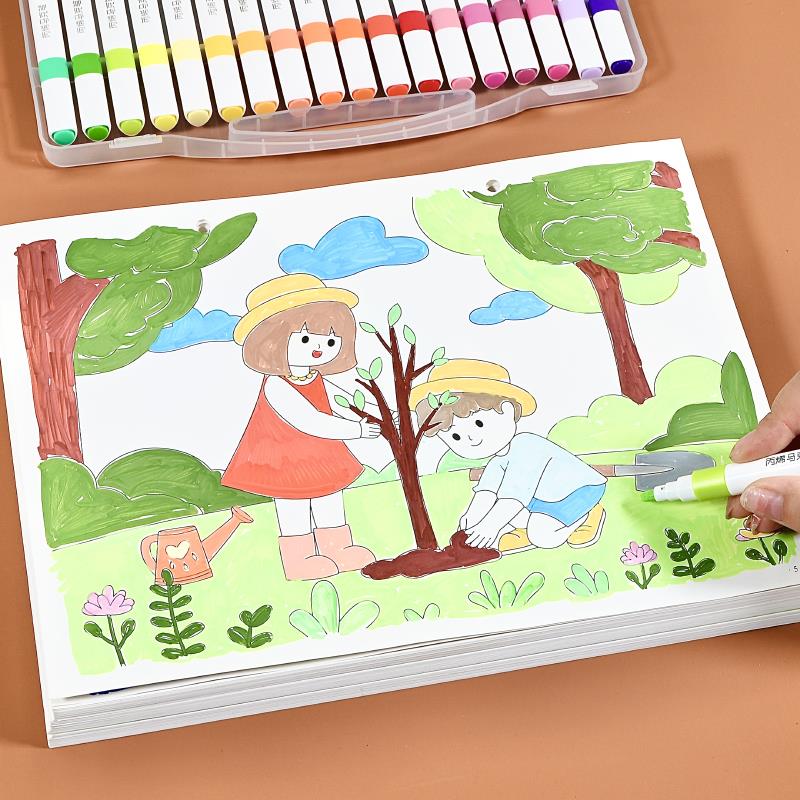涂色画本儿童马克笔涂鸦填色画画本3-6岁线稿图画A4大尺寸绘画纸