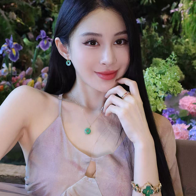翡翠平安扣白底青半山半水18K金金豆豆项链13*4mm左右芙蓉种
