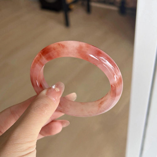 天然金丝玉桃花酿扁条手镯高冰