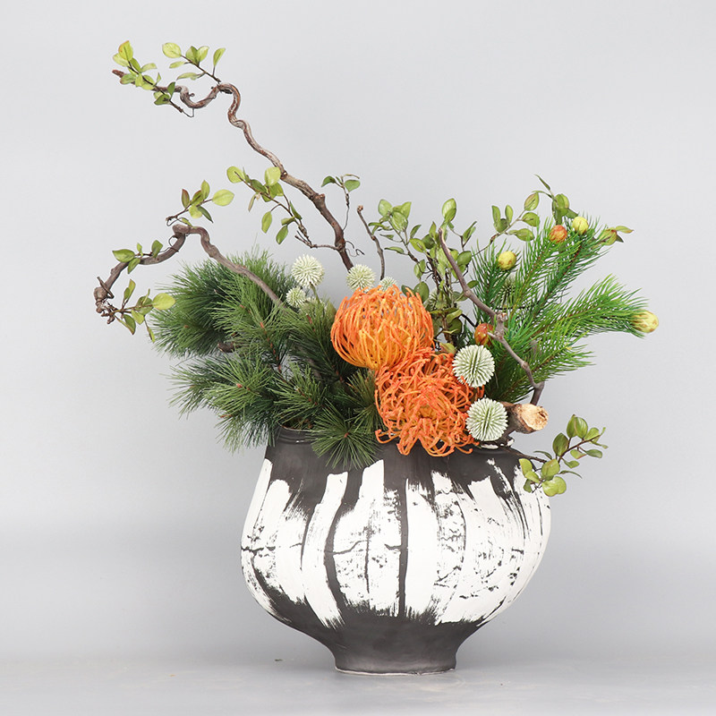 新中式仿真松针插花花艺售楼部酒店大堂吧台客厅玄关茶几花架摆件