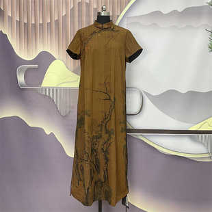 诗梦家香云纱2024春夏新款 桑蚕丝压纹刺绣收腰显瘦气质连衣裙6037