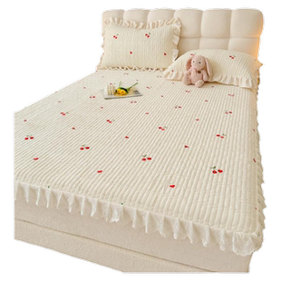 a类刺绣夹棉牛奶绒带花边床笠单件冬季全包加厚床围套1.8米保护罩