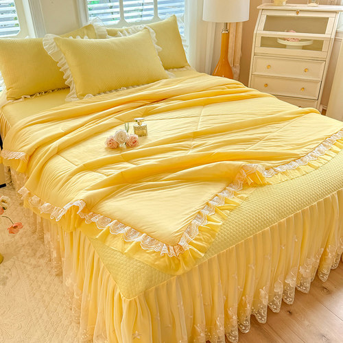 夏季凉感豆豆冰丝席三件套可机水洗空调软席床裙款凉席夏被四件套