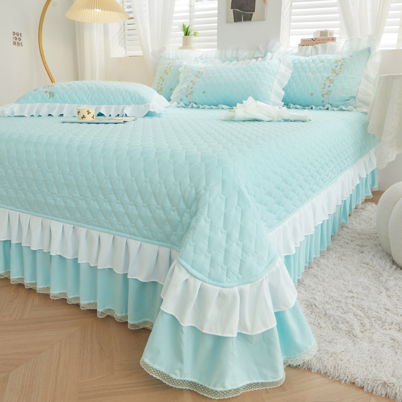 纯色夹棉绗缝床盖带裙边加厚四季